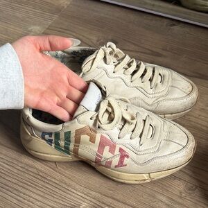 Gucci Men’s Cream Leather Sneakers with Multicolor Logo